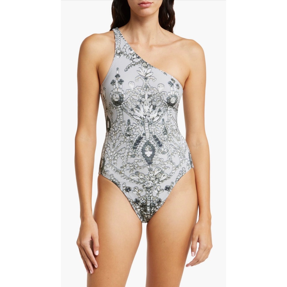 NWT Norma Kamali One Shoulder‎ One Piece Swimsuit Crystal Print Jewel Small
